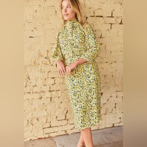 Pur Yellow and Blue Floral Long Sleeve Dress
